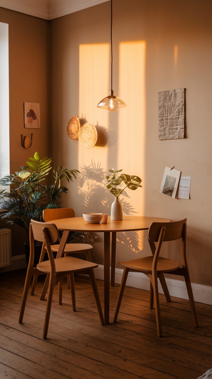 Cozy Scandinavian dining setup with light wood table and chairs.