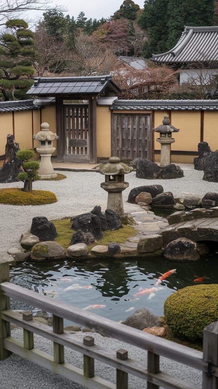 A serene Japanese garden featuring stone lanterns, a koi pond, and lush greenery.