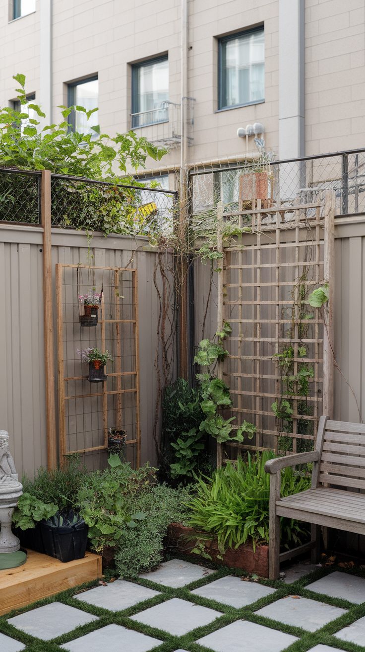 A cozy corner garden with wooden trellises, greenery, and a wooden bench