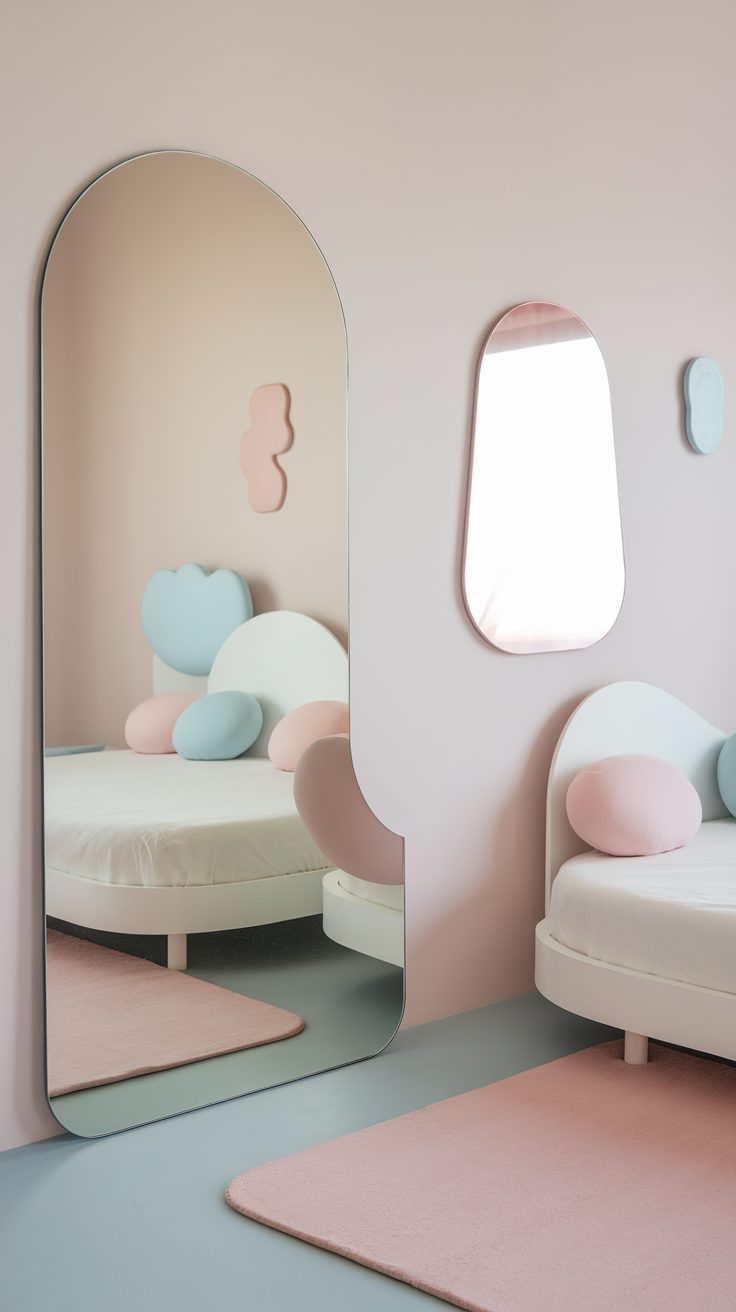 A room featuring soft pastel asymmetrical mirrors, including a large mirror and smaller decorative pieces, complemented by a cozy bed with colorful pillows.