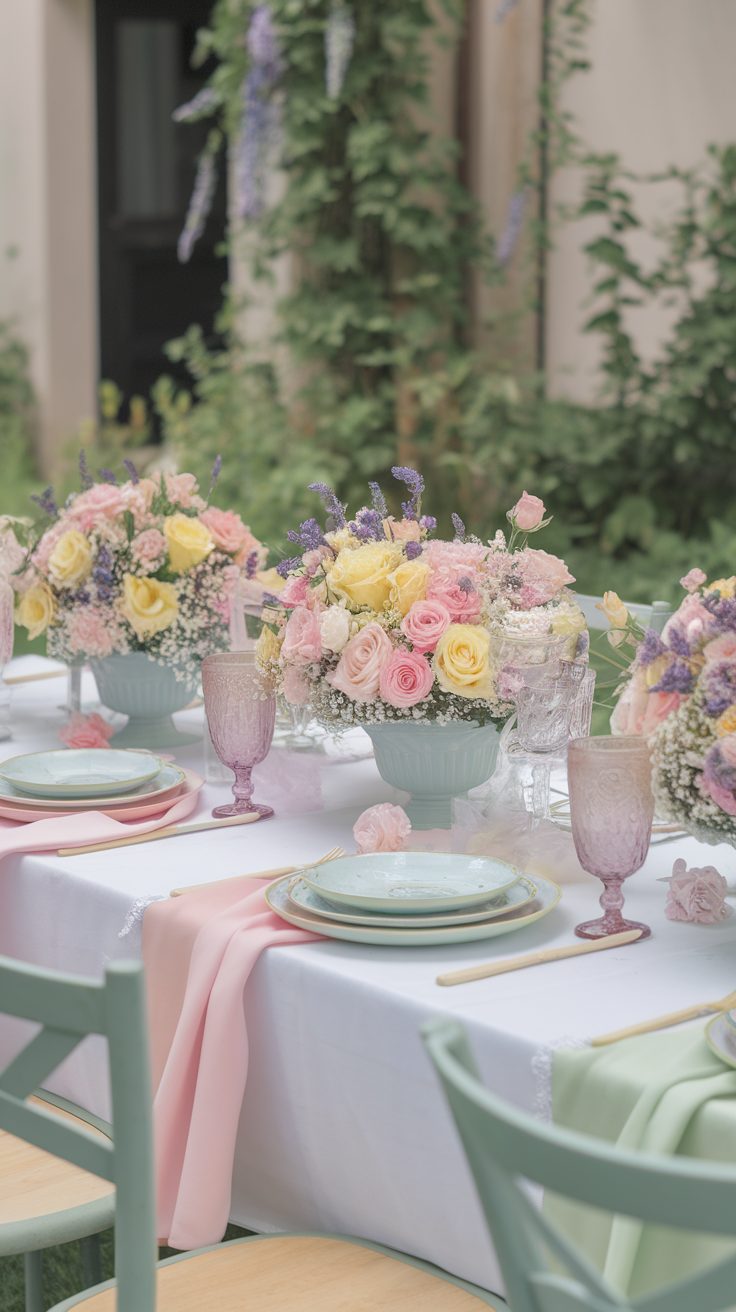 A beautifully arranged table with pastel colored linens, floral centerpieces, and elegant tableware, set in a garden.