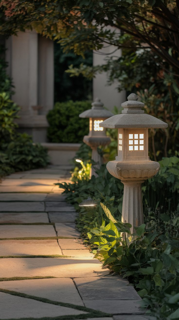 A serene pathway lined with stone lanterns, surrounded by lush greenery.