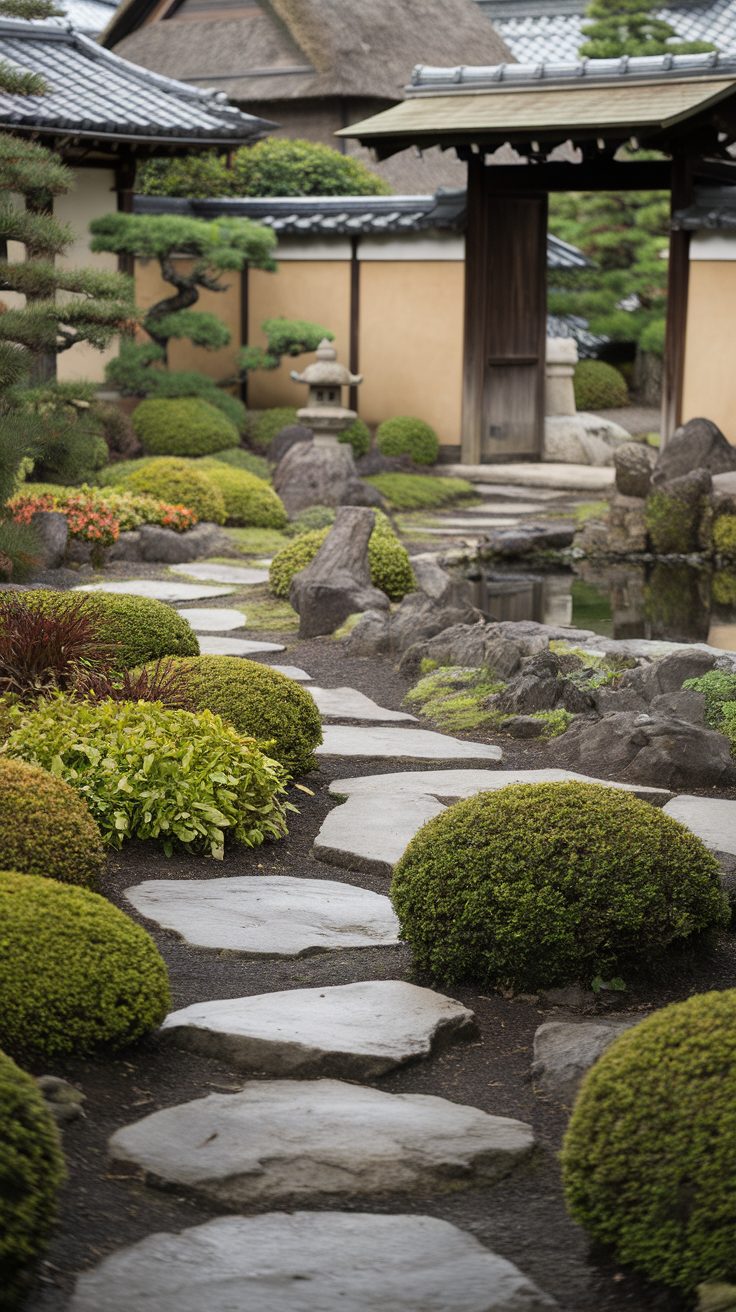 Stone pathways winding through lush shrubs in a Japanese garden