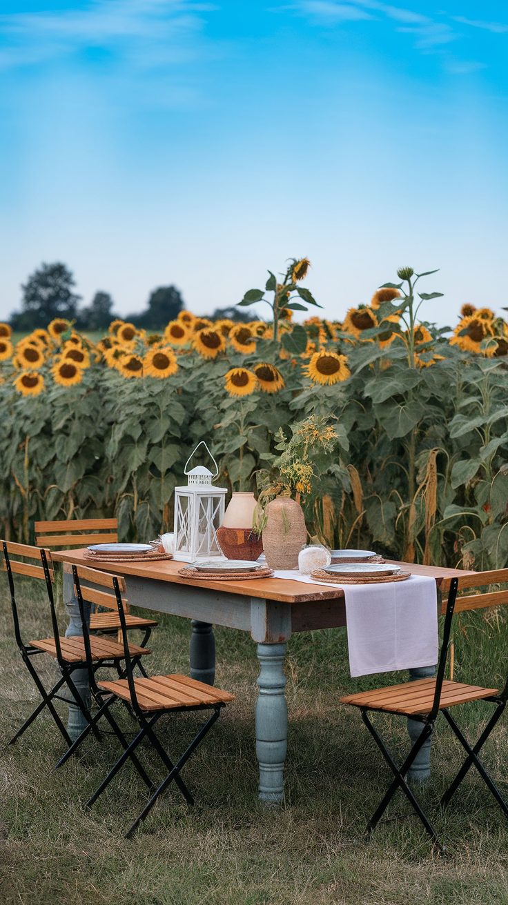 A rustic dining table set in a sunflower field with lemonade and matching plates.