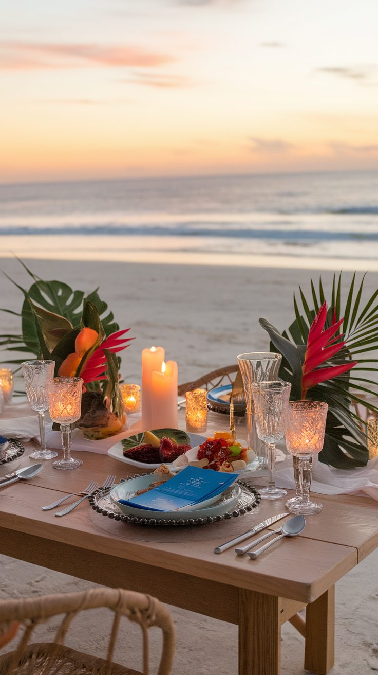 A beautifully set table on the beach at sunset, featuring candles, fresh fruits, and elegant dinnerware.