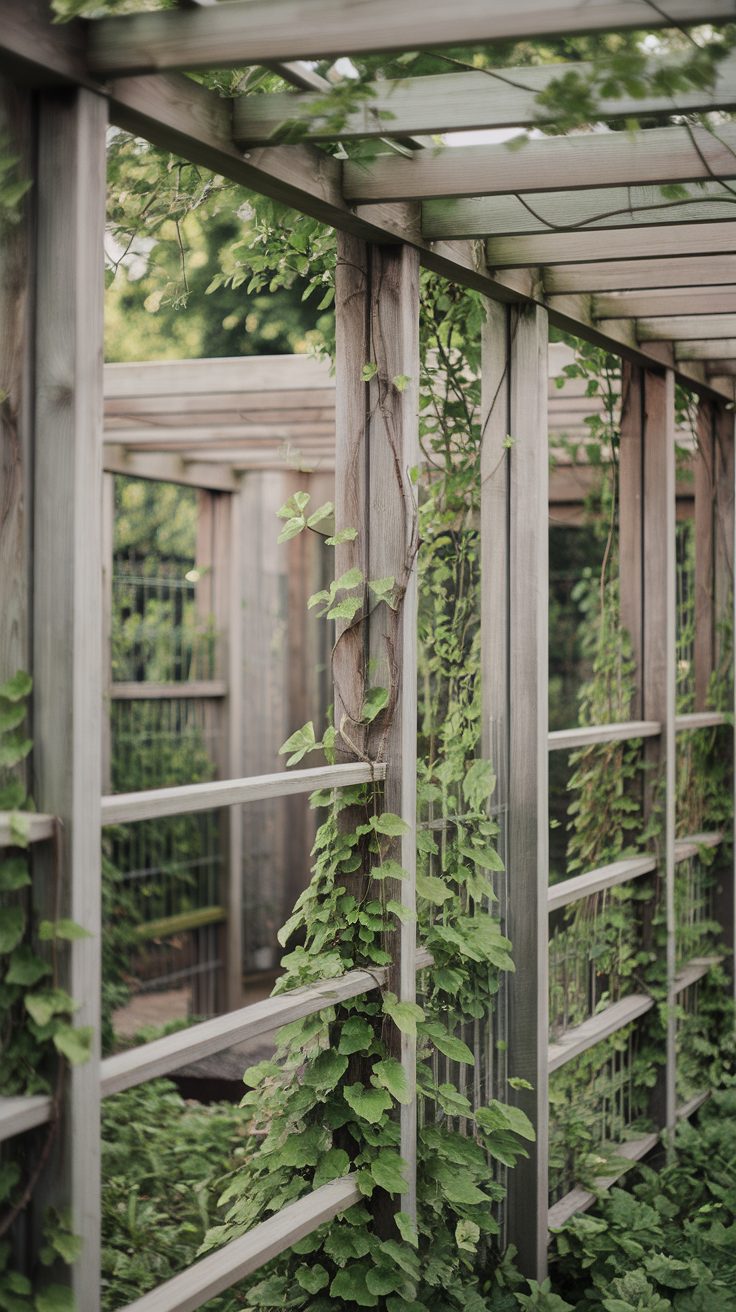 Wooden dividers in a garden with climbing plants