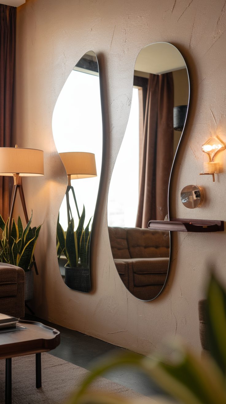 Two stylish mirrors on a textured wall with plants and a lamp.