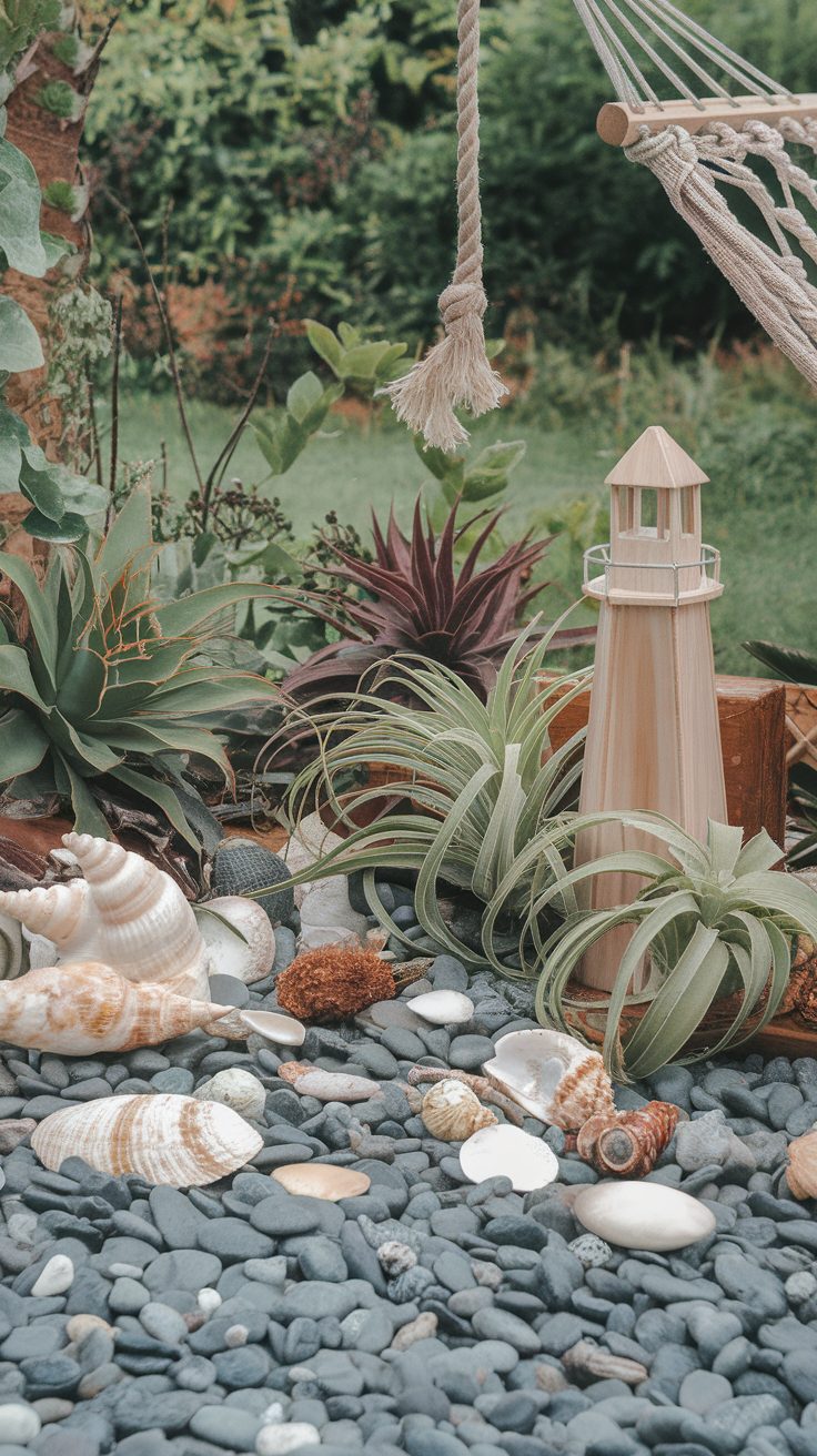 A themed corner of a garden featuring a mini lighthouse, shells, and various plants.