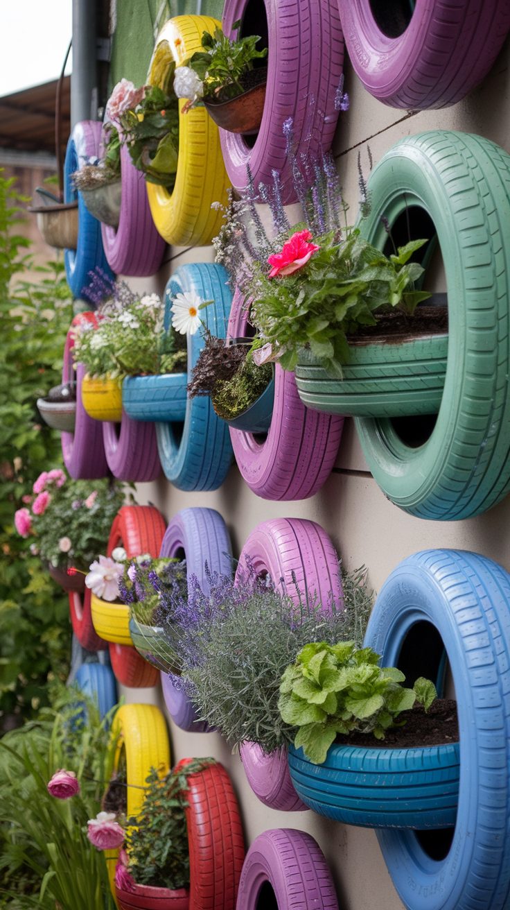 Colorful tire planters filled with flowers and herbs mounted on a wall.