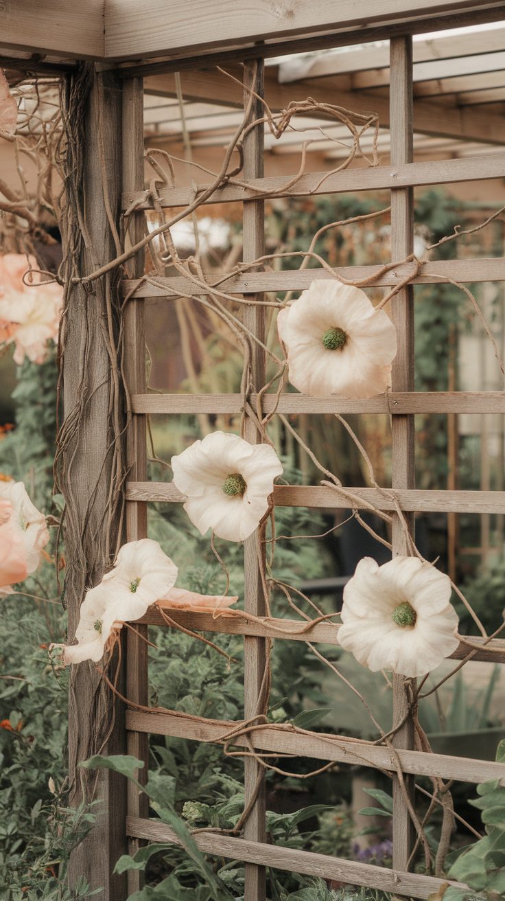 Wooden divider with vines and flowers growing through it.