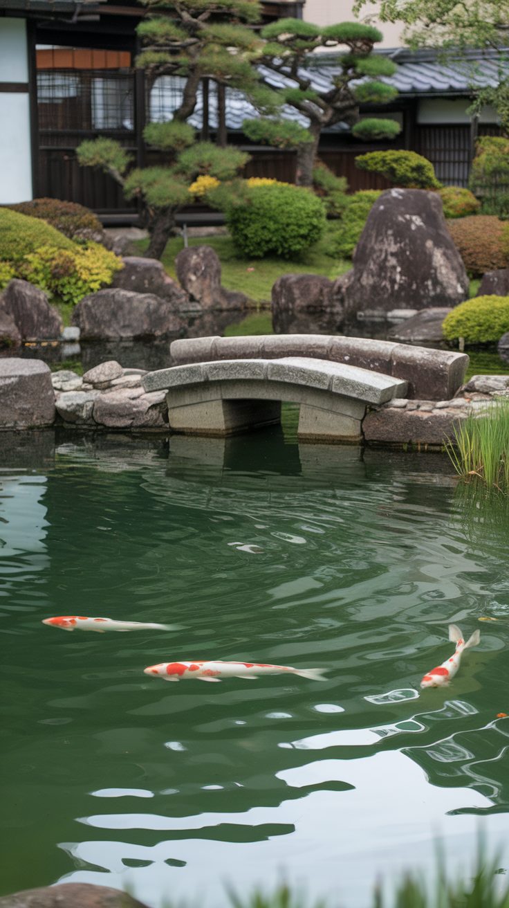 A serene Japanese garden featuring a pond, koi fish, and a stone bridge.