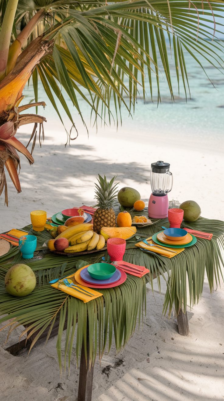 A colorful tropical table setup on a beach with fruits and a blender surrounded by palm leaves.