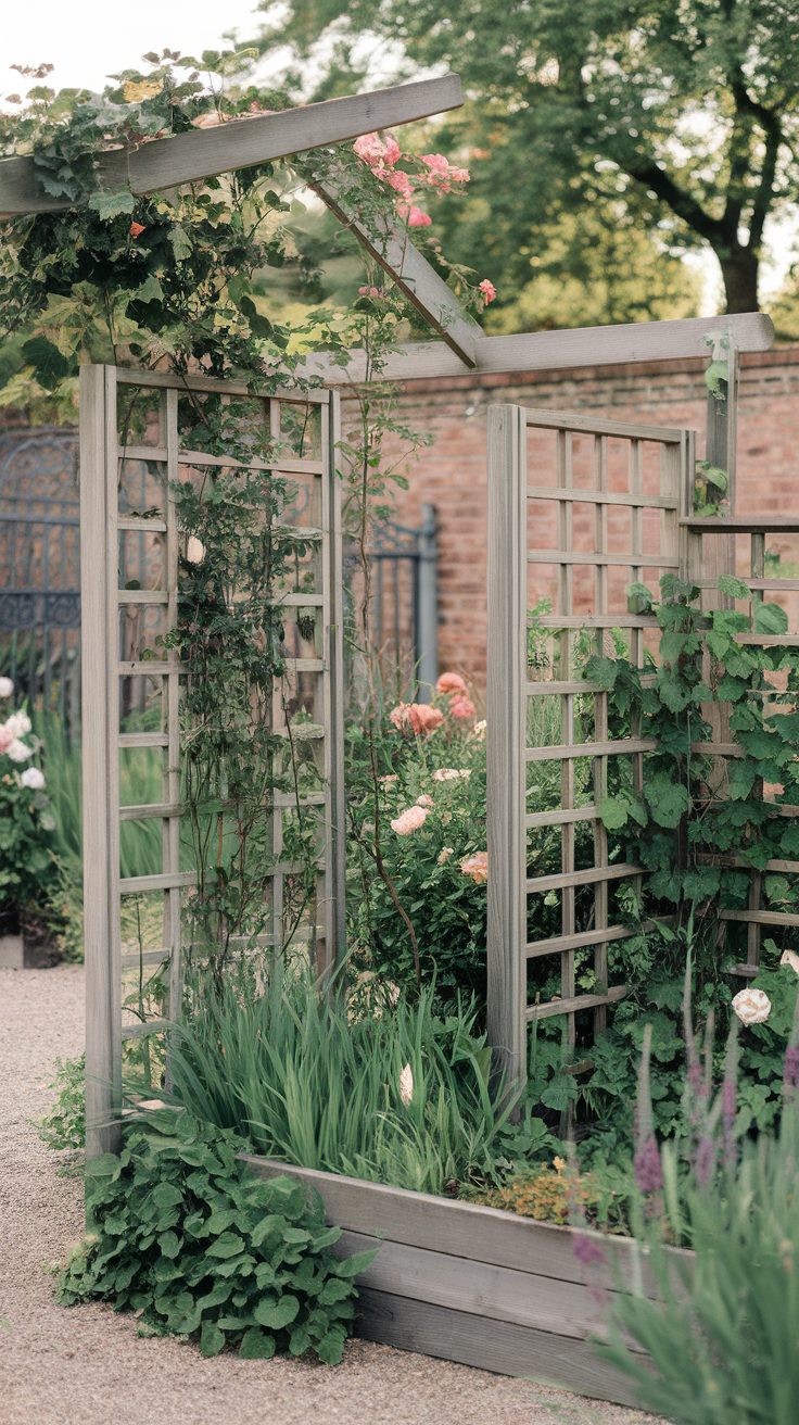 Wooden dividers in a garden with climbing plants and flowers.