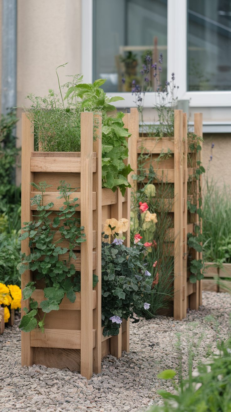 Wooden dividers in a garden with various plants and vines growing through them.