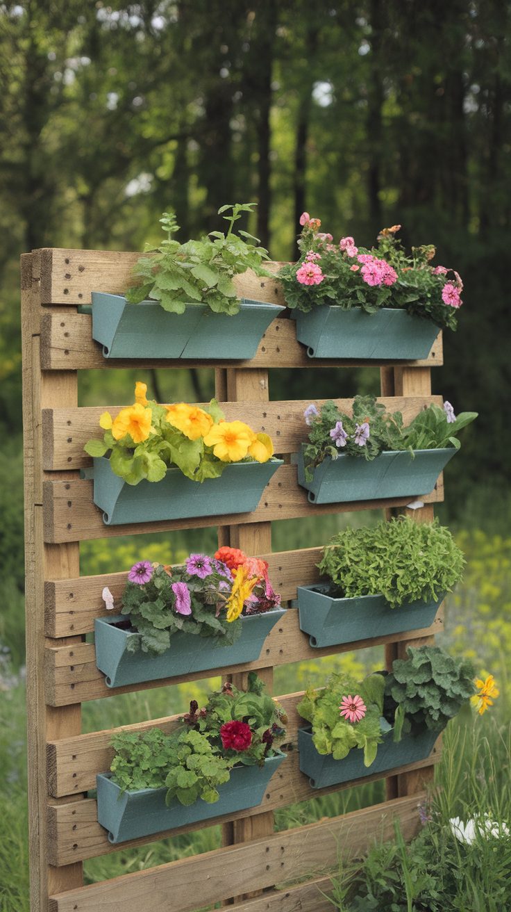 Vertical pallet planters filled with colorful flowers and herbs.