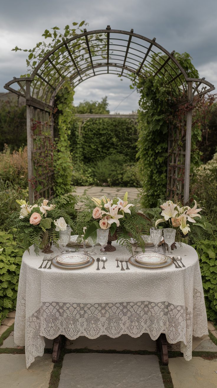 A Victorian-style garden table set with a lace tablecloth, fine china, and floral arrangements under a trellis.