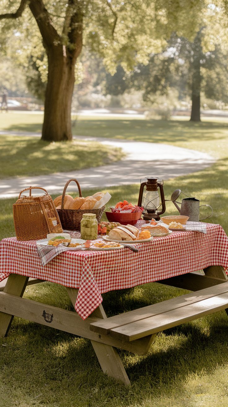 A vintage picnic table set outdoors with a checkered tablecloth, baskets, and various foods.