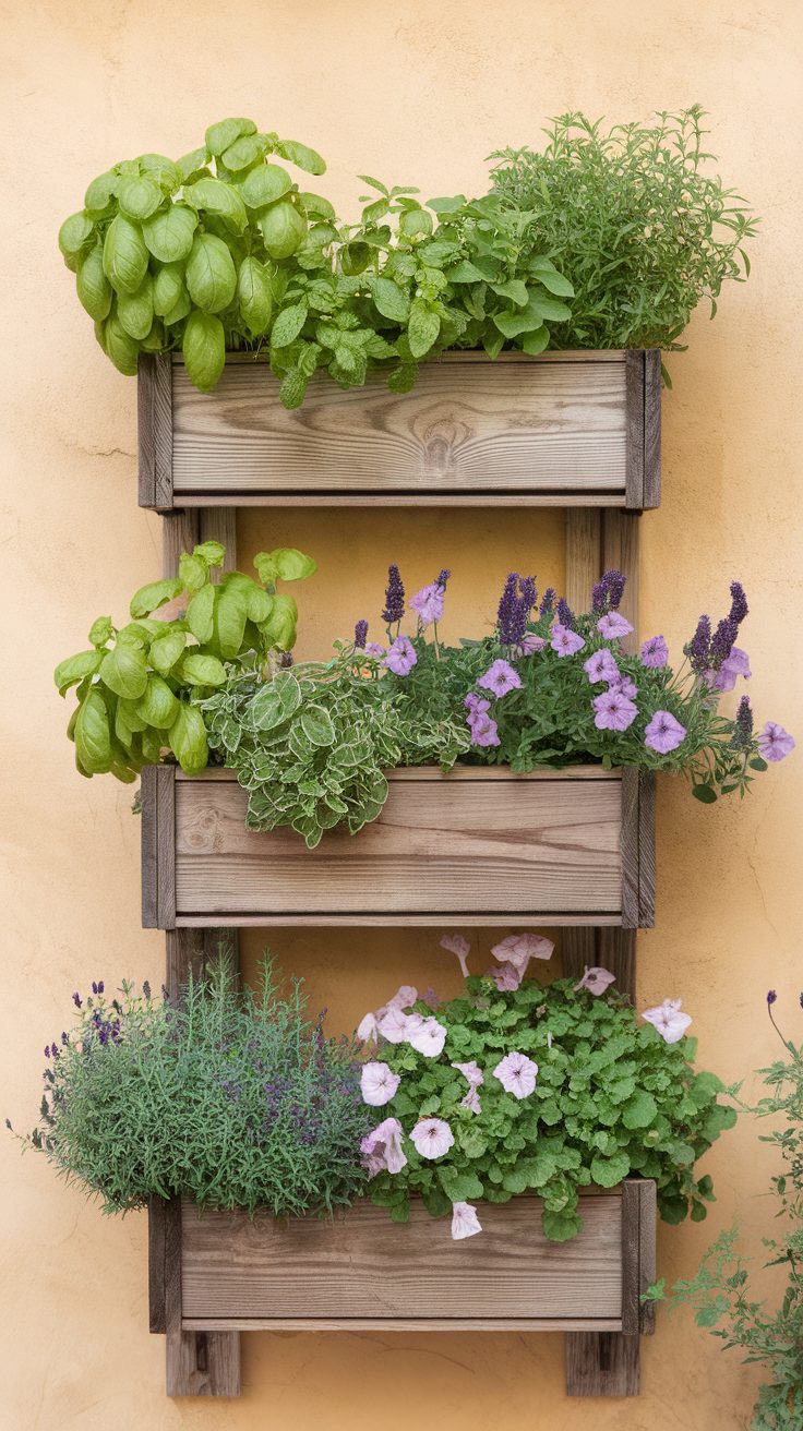 A vertical garden featuring wall-mounted planter boxes filled with various herbs and flowers.