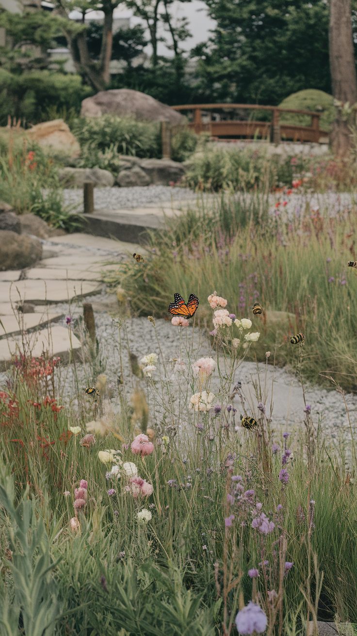 A vibrant Japanese garden featuring colorful wildflowers, butterflies, and bees.