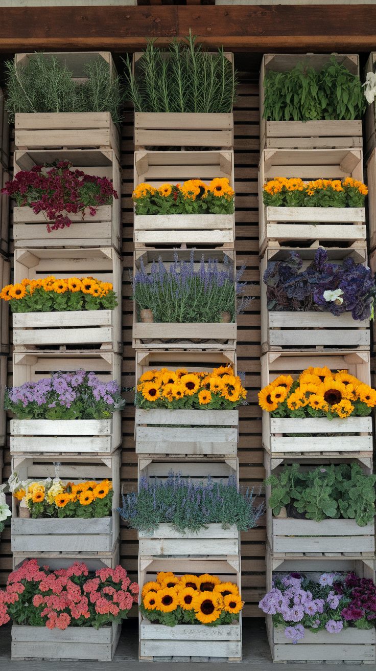 A vertical garden made from stacked wine crates filled with vibrant flowers and herbs.