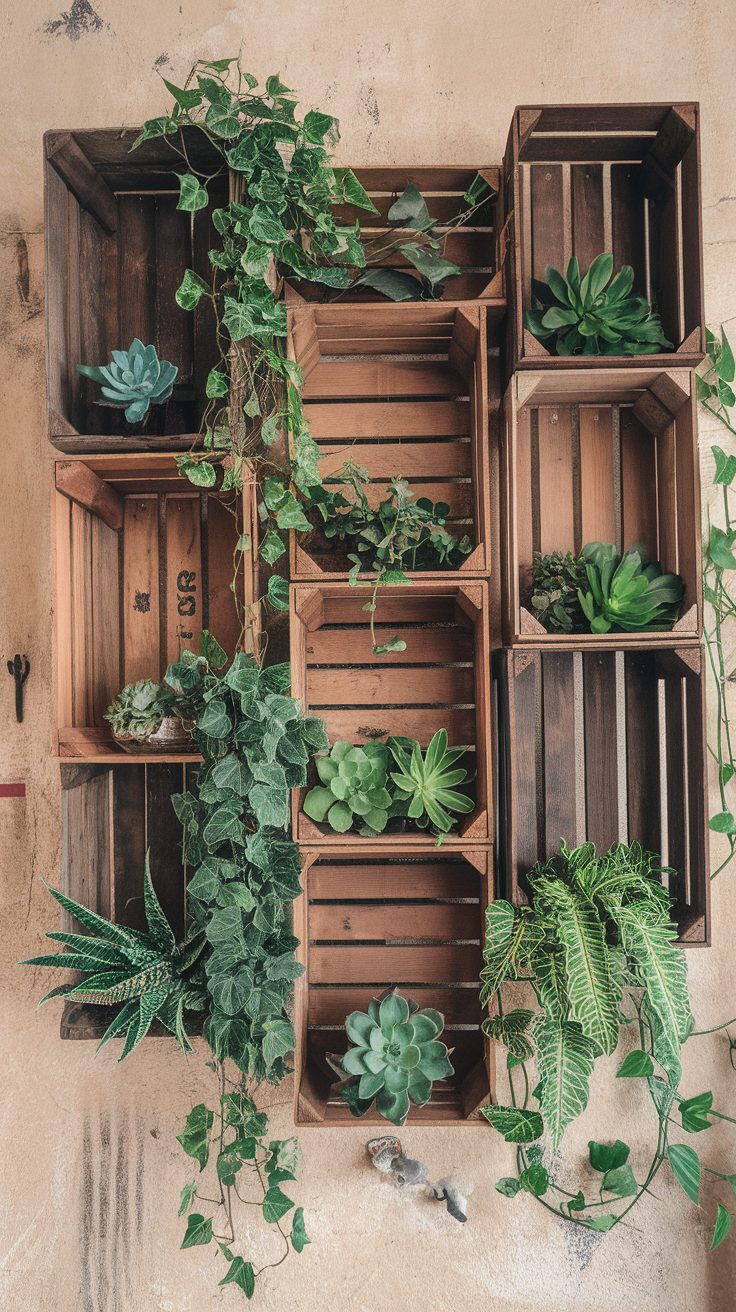 Wooden crates arranged on a wall, filled with various succulents and plants.