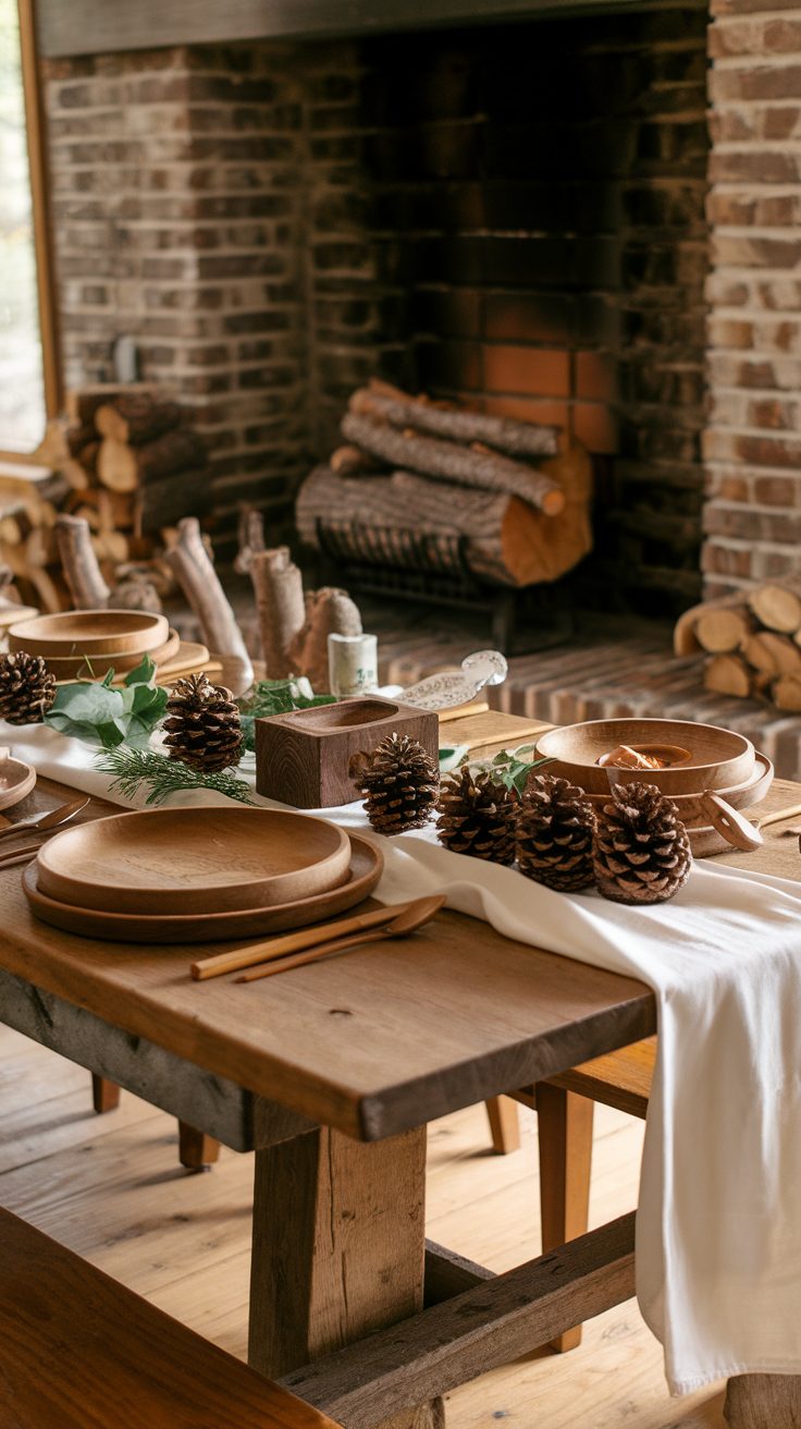 A rustic wooden table styled with burlap runners, pinecone centerpieces, and cozy decor in a cabin setting.