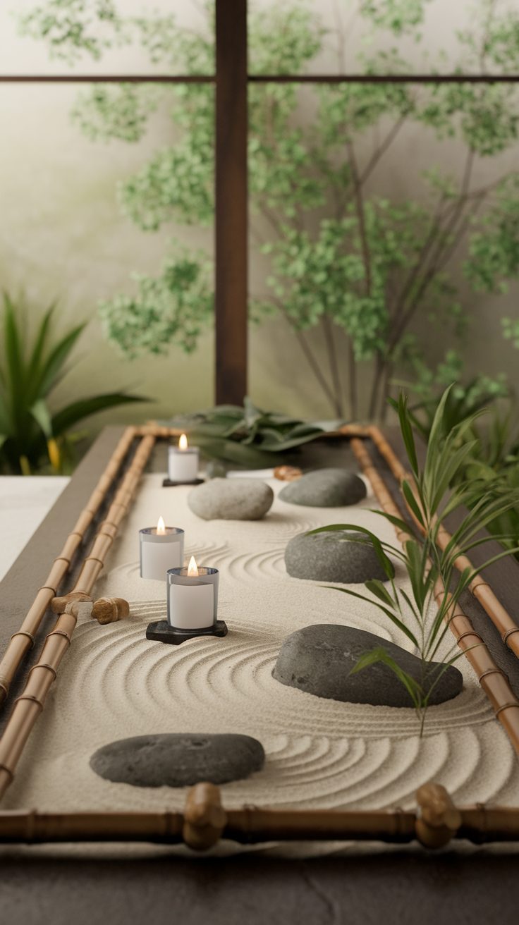 A zen garden table decor featuring sand, stones, and candles.