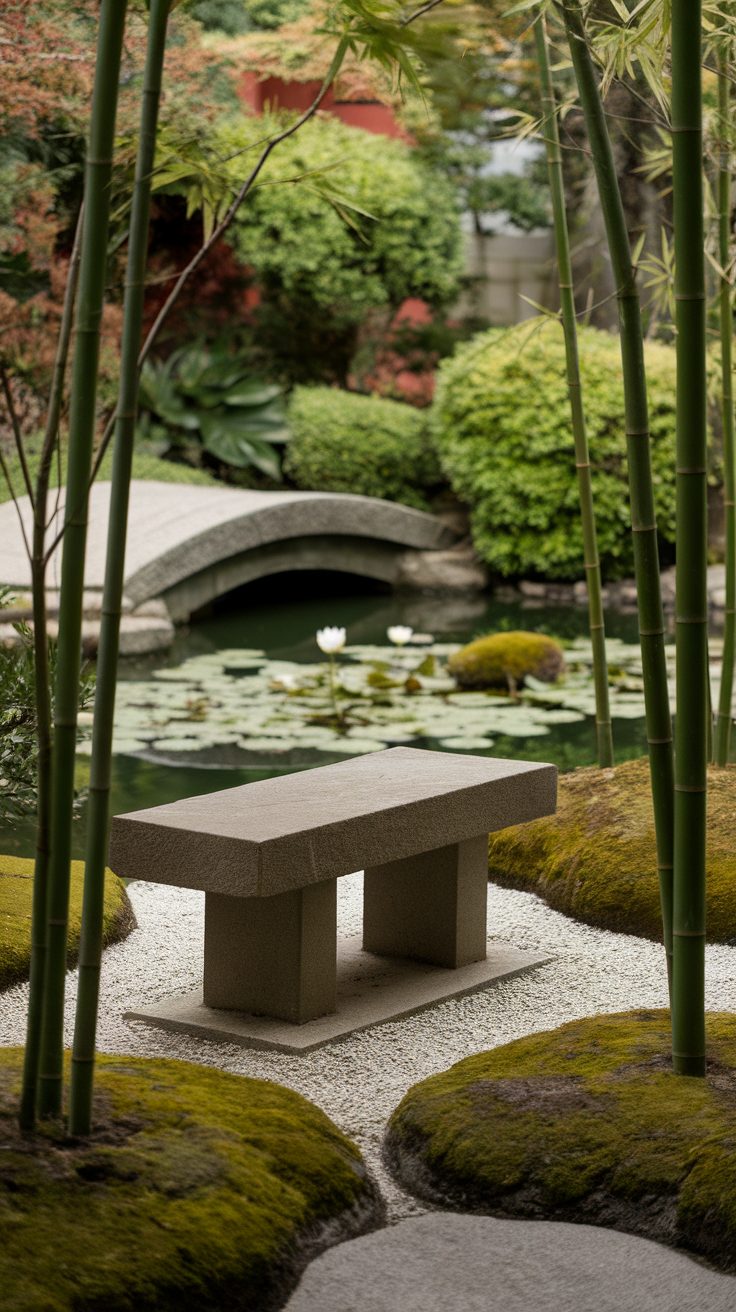 A serene zen garden with a stone bench, surrounded by greenery and a small pond.