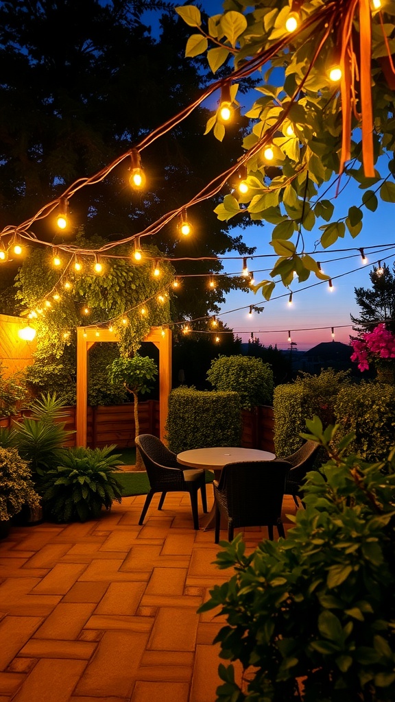 A garden terrace with fairy lights illuminating the space at dusk.