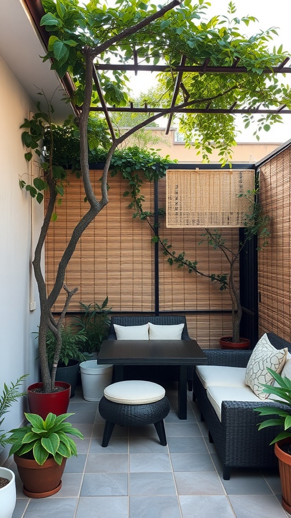 A cozy garden terrace with privacy screens, seating, and greenery.