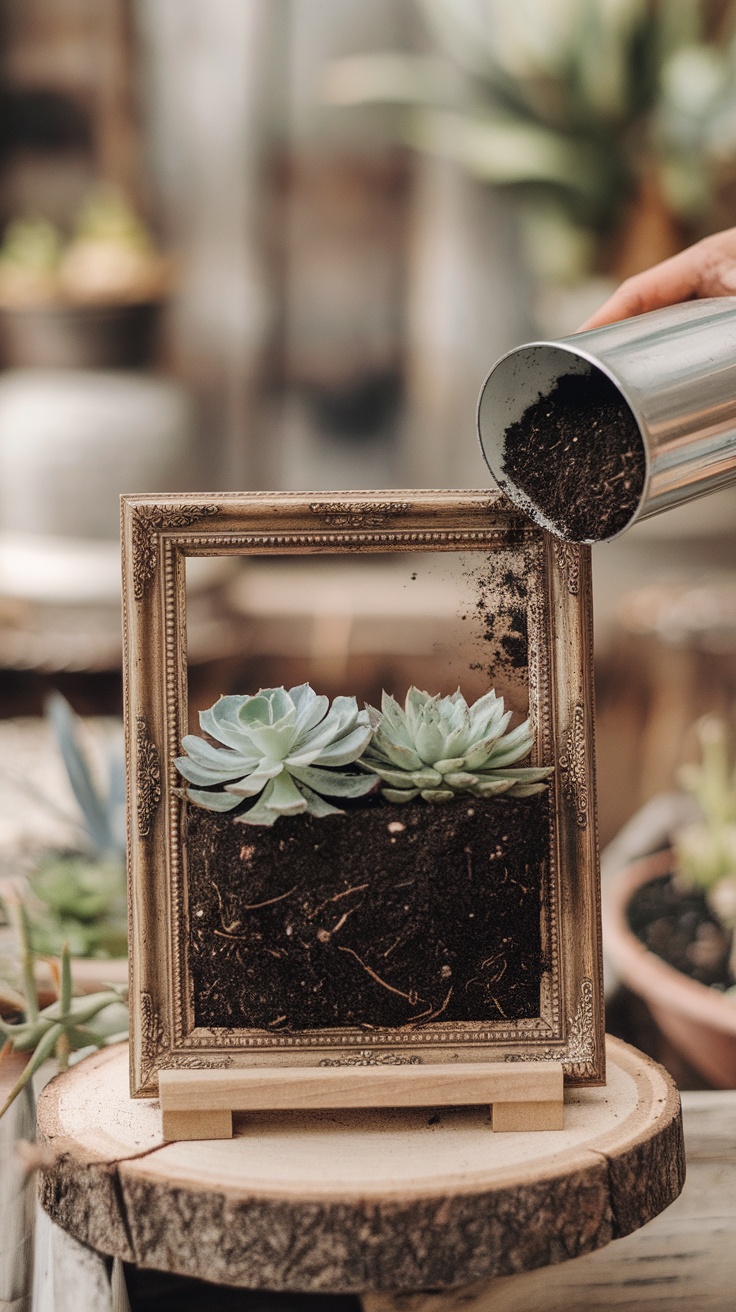 A hand pouring soil into an old picture frame with succulents.