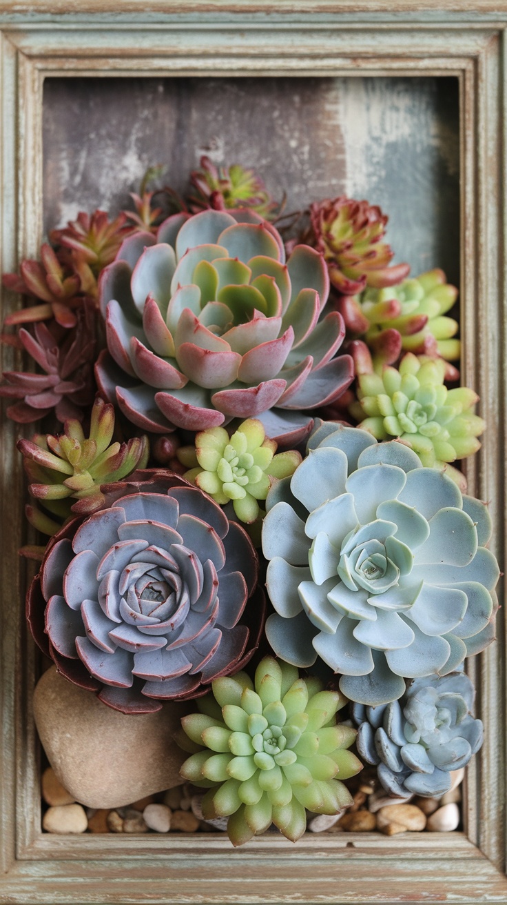 Succulent wall art arranged in an old picture frame showcasing various colors and sizes.