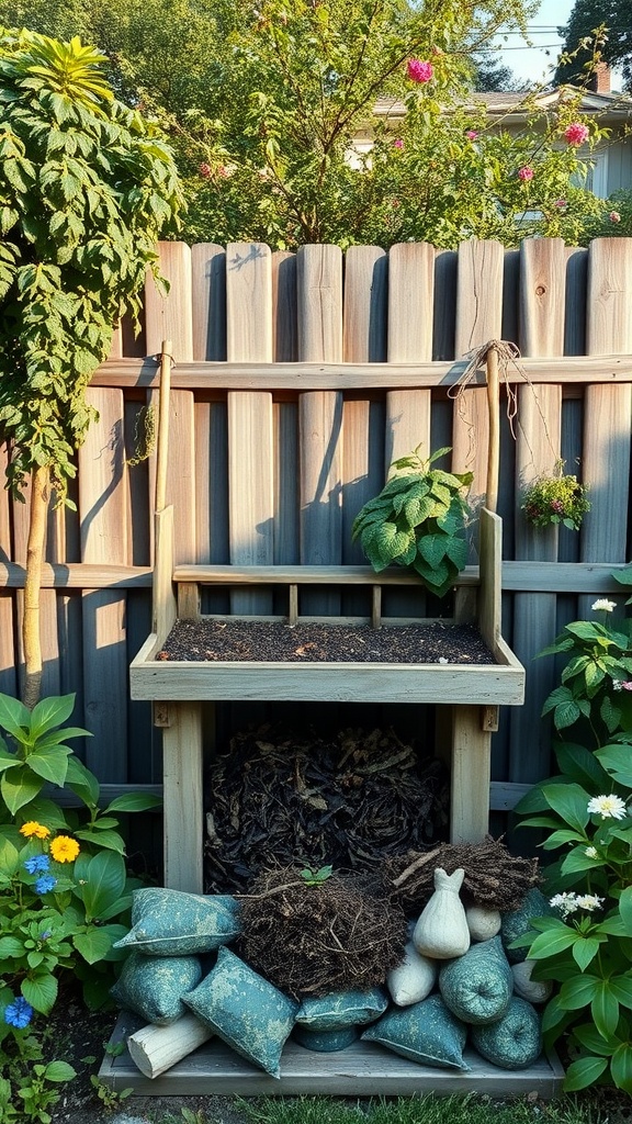 A composting station made of wood, with a pile of compost and decorative stones in a cottage garden setting.