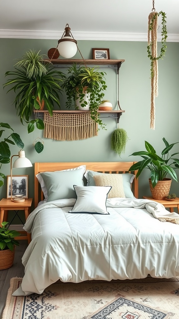 A cozy sage green bedroom with various plants artfully arranged on a wall shelf and around the bed.