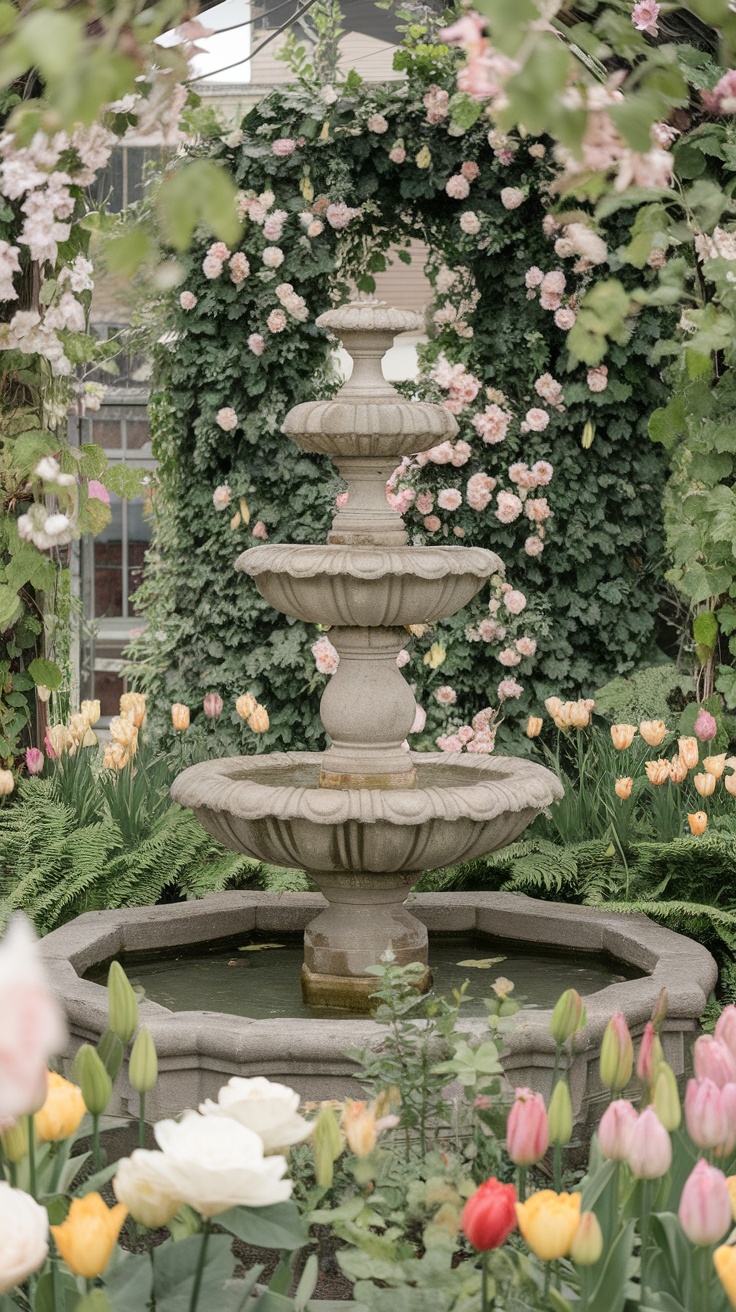 An elegant three-tiered stone fountain surrounded by flowers in a garden.