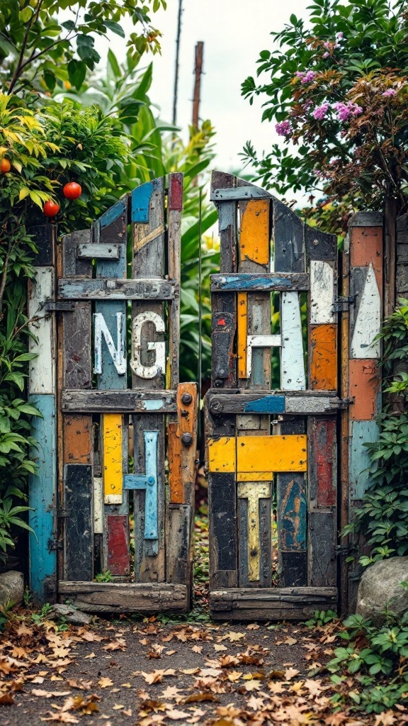 Colorful recycled wooden garden gate with various textures and hues.