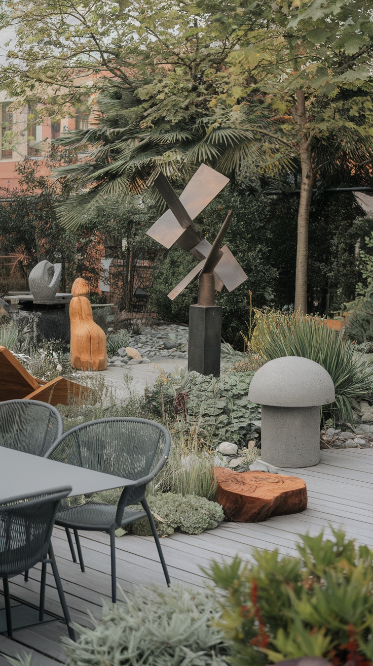 A beautifully arranged garden deck area featuring various artistic sculptures and decor.