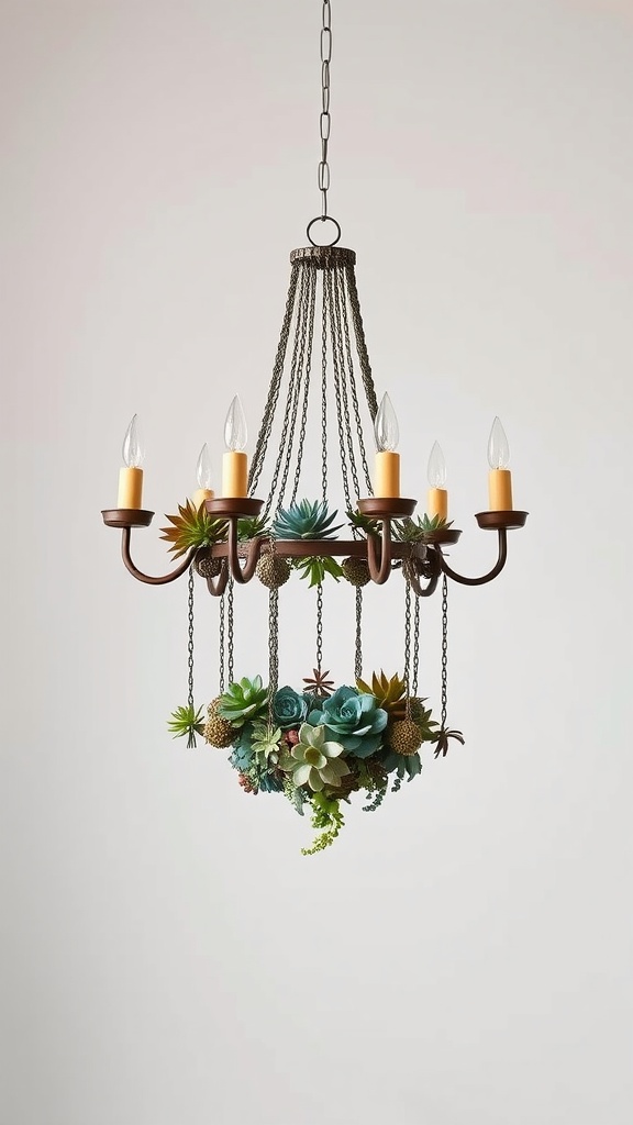 A beautifully designed chandelier adorned with various succulents, featuring warm candle-like lights.