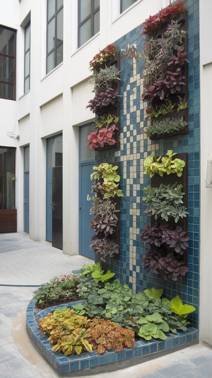 A vertical garden featuring colorful plants arranged on a mosaic tile backdrop.