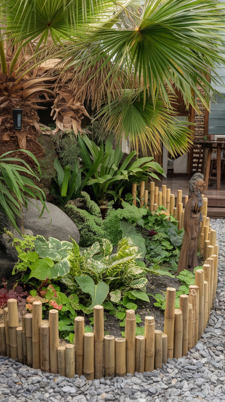 Bamboo garden edging surrounding lush green plants and a decorative statue.