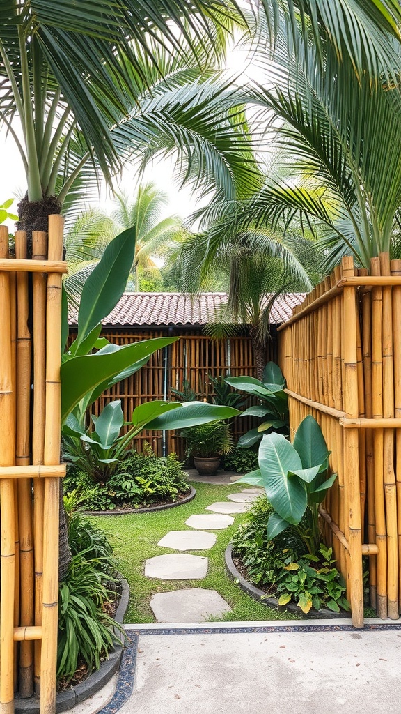 A tropical garden with bamboo fencing and lush green plants.