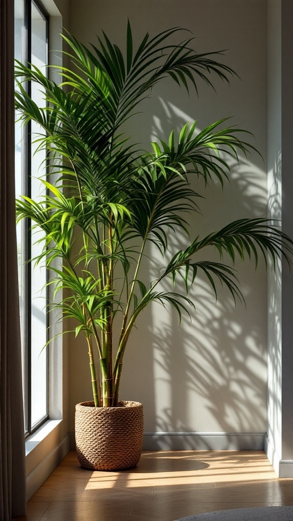 A bamboo palm in a woven basket near a window, casting shadows on the wall.