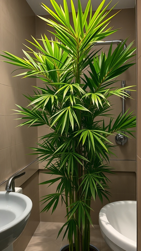 A Bamboo Palm plant in a bathroom setting, showcasing its green leaves.