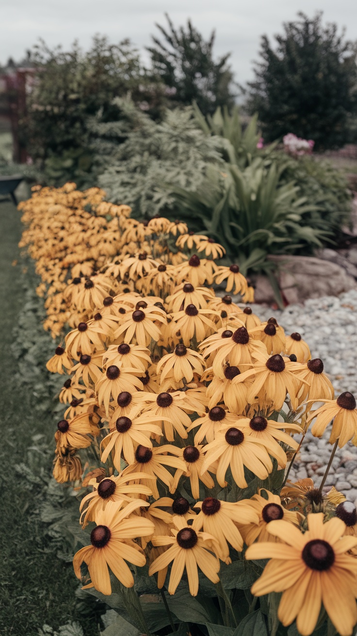 A vibrant row of yellow Black-Eyed Susans in a garden border