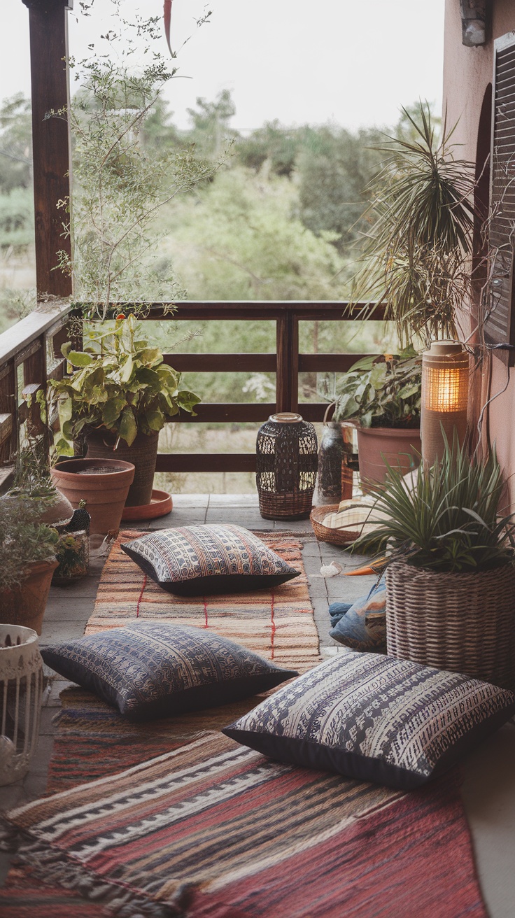 Cozy balcony with patterned cushions and rugs surrounded by greenery.