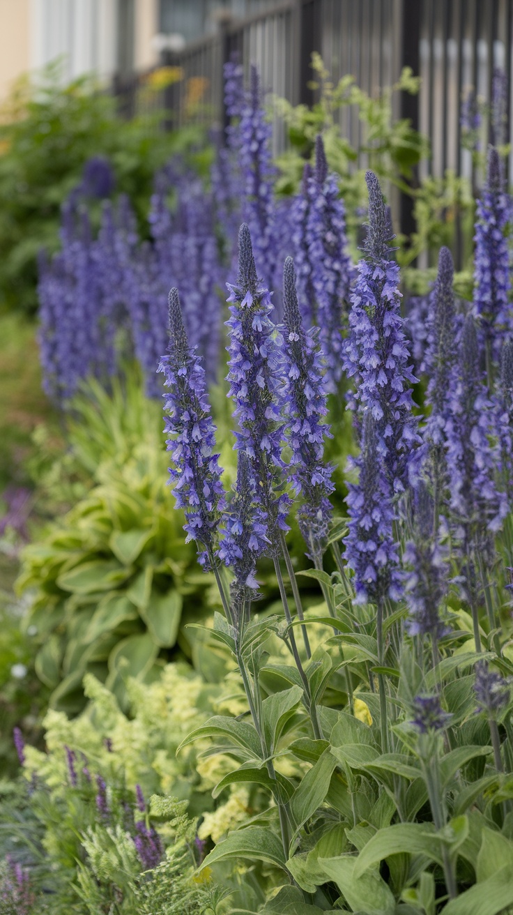 A garden border featuring tall purple Salvia flowers with lush green foliage.