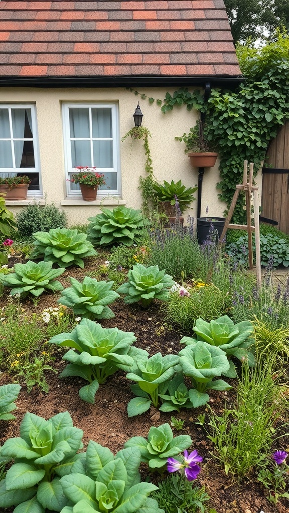 A beautiful cottage garden featuring lush vegetable plants and colorful flowers.