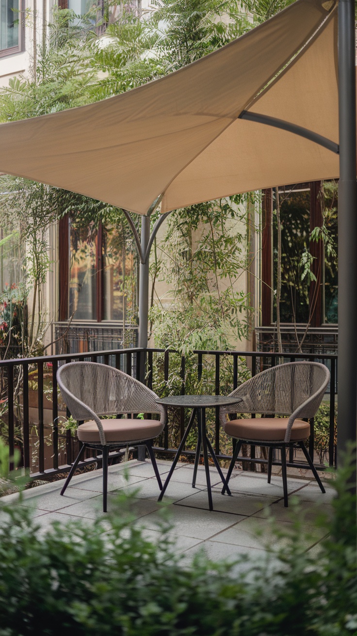 A cozy balcony with a canopy, two chairs, and a small table surrounded by plants.