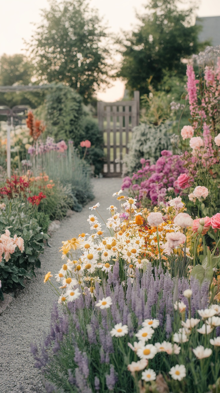 A beautiful flower garden with colorful perennials, including daisies and lavender, blooming alongside a gravel path.