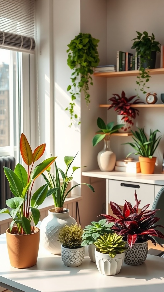 A cozy home office with various indoor plants and greenery.